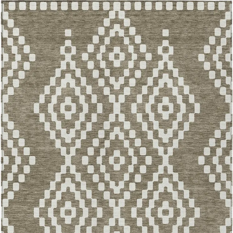 9' X 12' Taupe And Ivory Geometric Washable Indoor Outdoor Area Rug