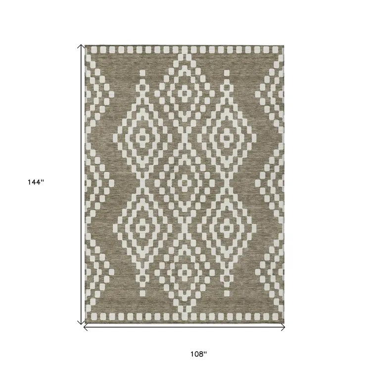 9' X 12' Taupe And Ivory Geometric Washable Indoor Outdoor Area Rug