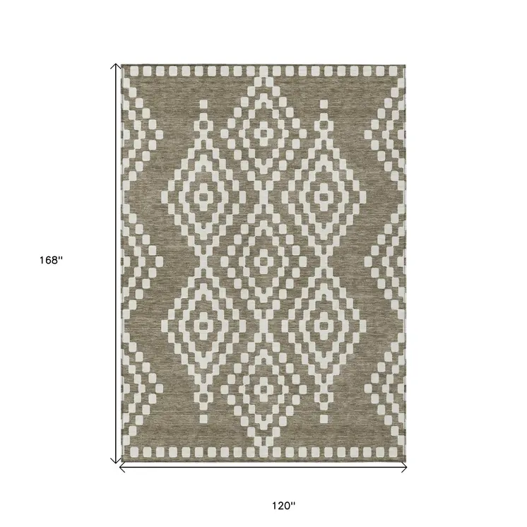 10' X 14' Taupe And Ivory Geometric Washable Indoor Outdoor Area Rug