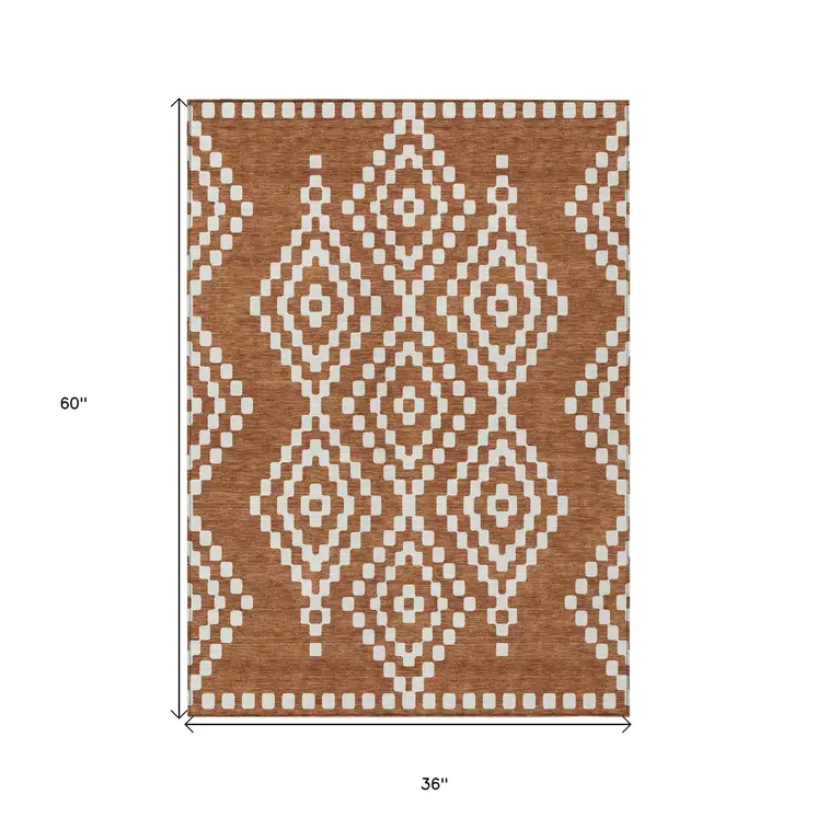 3' X 5' Terra Cotta And Ivory Geometric Washable Indoor Outdoor Area Rug