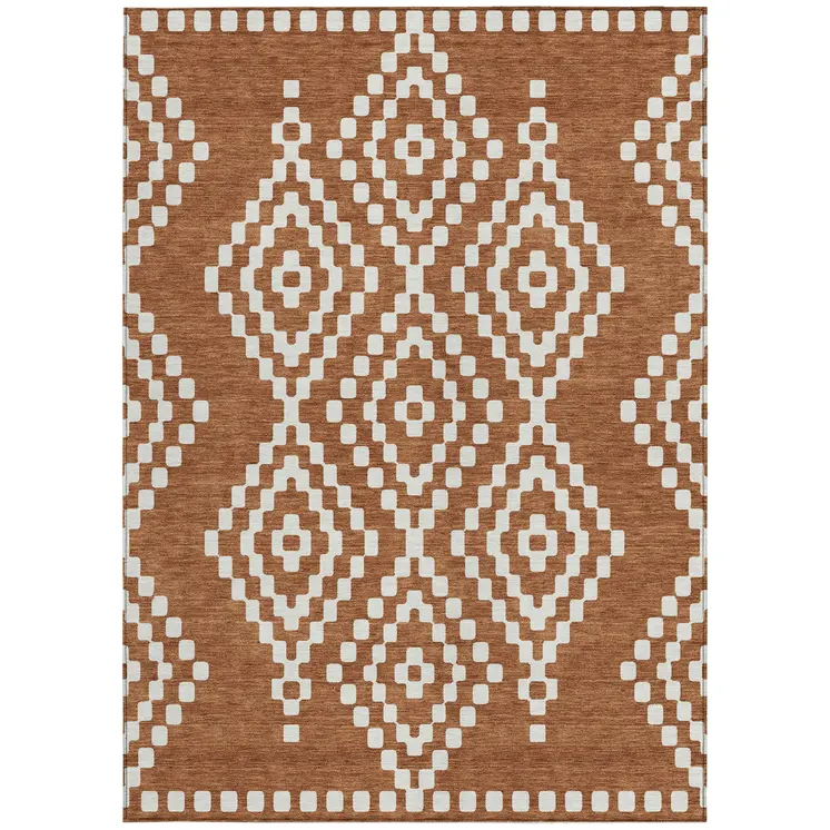 5' X 8' Terra Cotta And Ivory Geometric Washable Indoor Outdoor Area Rug