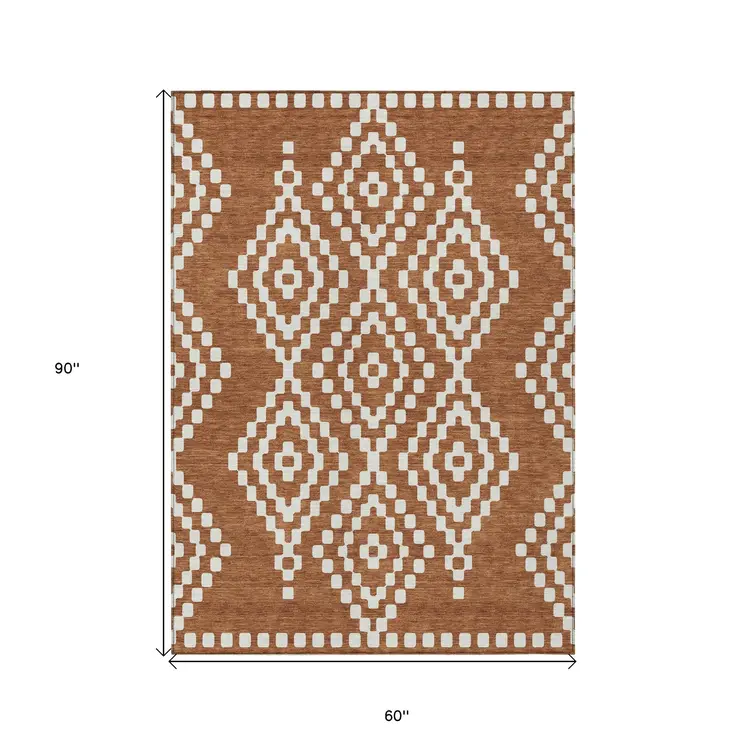 5' X 8' Terra Cotta And Ivory Geometric Washable Indoor Outdoor Area Rug