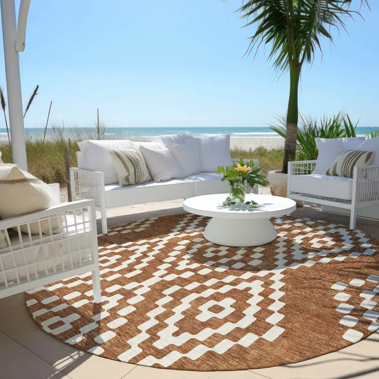 8' Terra Cotta And Ivory Round Geometric Washable Indoor Outdoor Area Rug