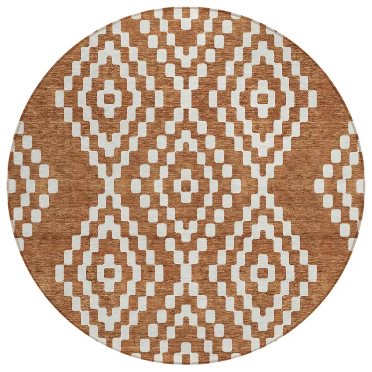 8' Terra Cotta And Ivory Round Geometric Washable Indoor Outdoor Area Rug