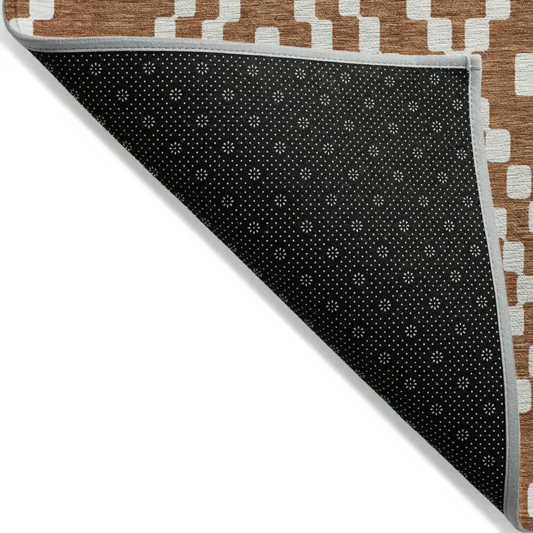 8' Terra Cotta And Ivory Round Geometric Washable Indoor Outdoor Area Rug