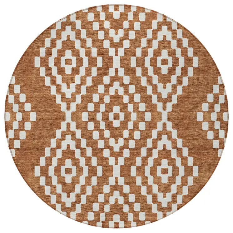 8' Terra Cotta And Ivory Round Geometric Washable Indoor Outdoor Area Rug