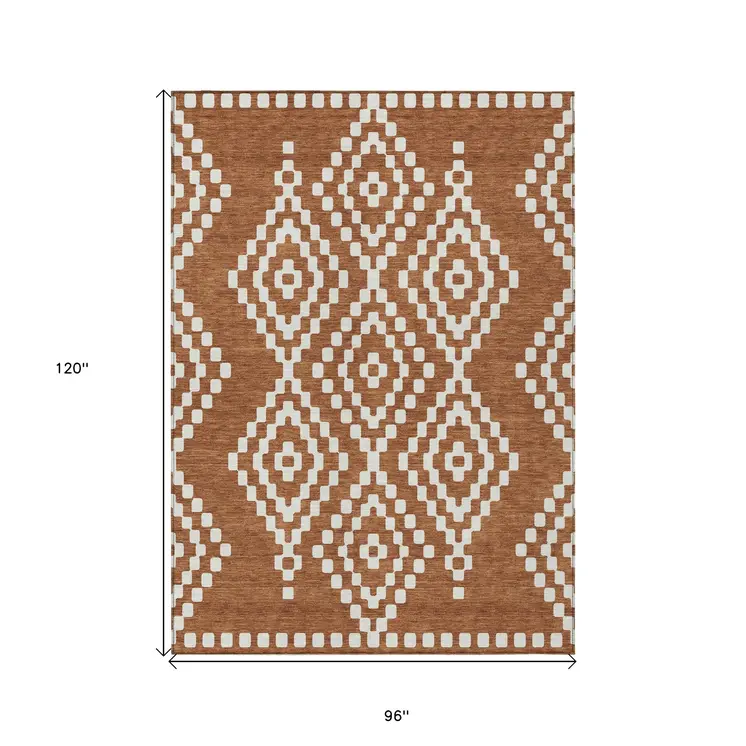 8' X 10' Terra Cotta And Ivory Geometric Washable Indoor Outdoor Area Rug