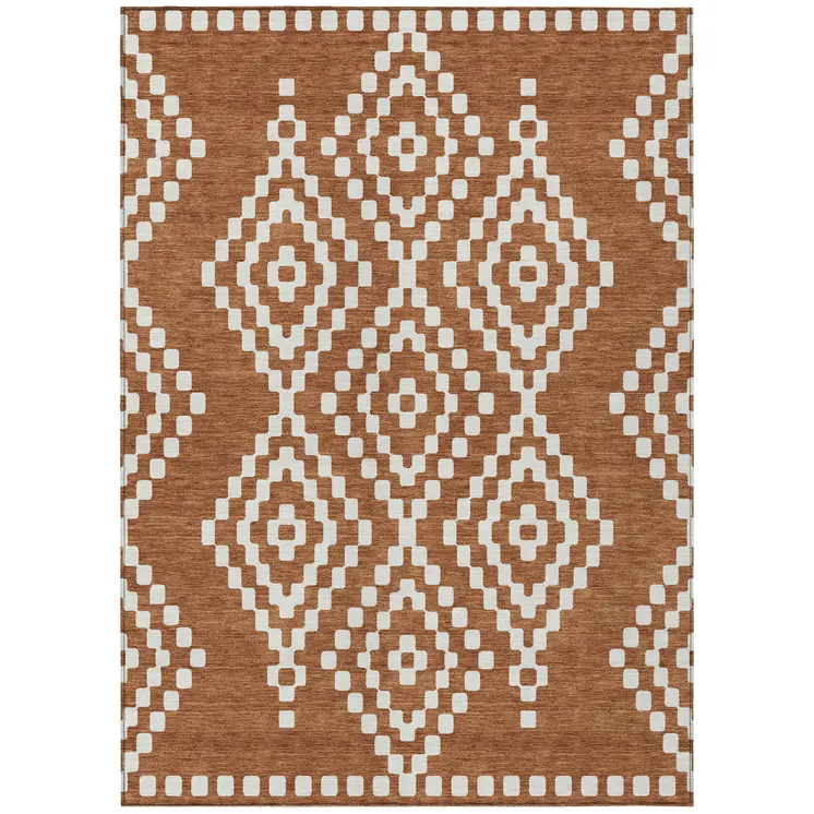 8' X 10' Terra Cotta And Ivory Geometric Washable Indoor Outdoor Area Rug