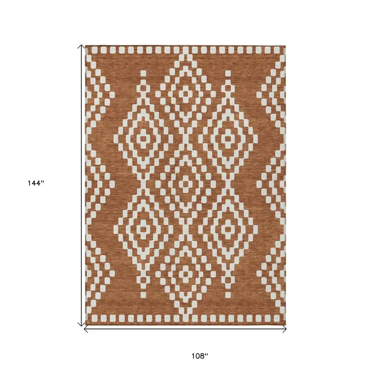 9' X 12' Terra Cotta And Ivory Geometric Washable Indoor Outdoor Area Rug