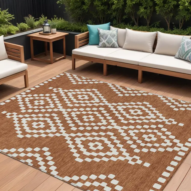 10' X 14' Terra Cotta And Ivory Geometric Washable Indoor Outdoor Area Rug