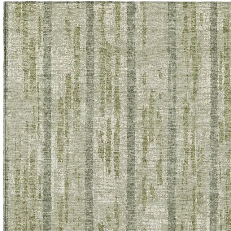 3' X 5' Artichoke Green Gray And Ivory Striped Washable Indoor Outdoor Area Rug