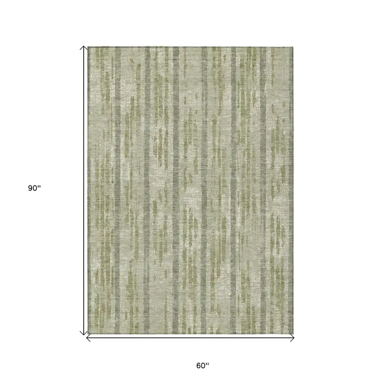 5' X 8' Artichoke Green Gray And Ivory Striped Washable Indoor Outdoor Area Rug