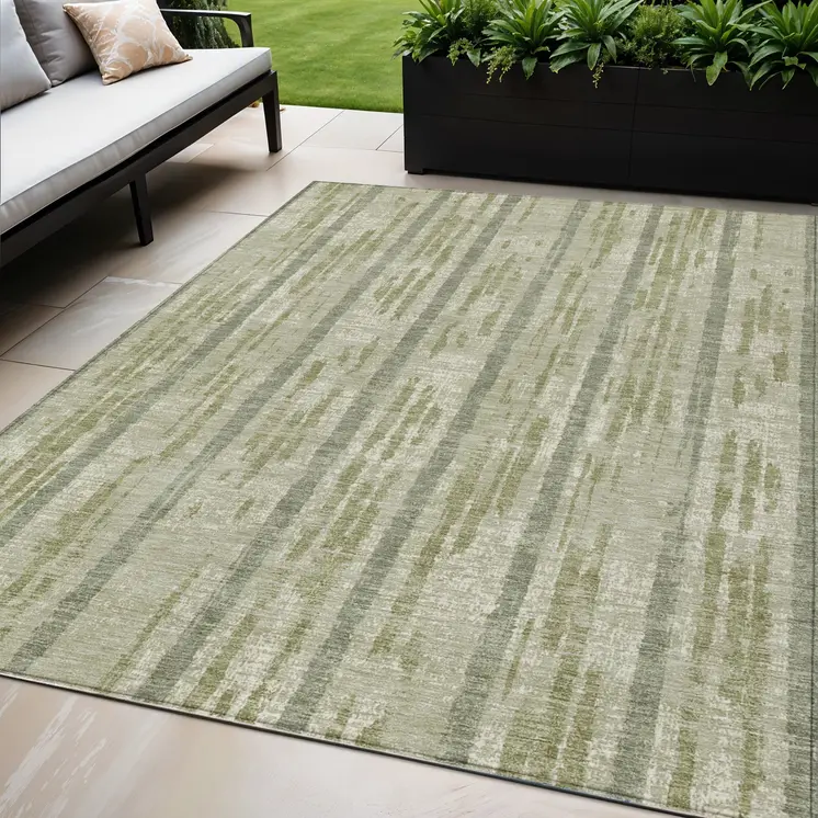 5' X 8' Artichoke Green Gray And Ivory Striped Washable Indoor Outdoor Area Rug