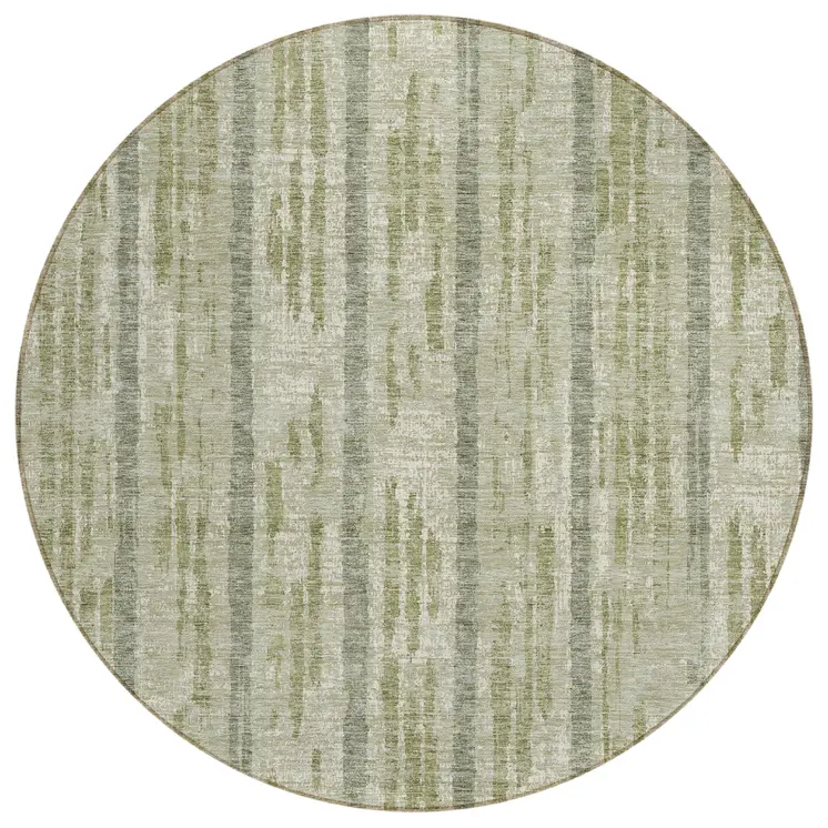 8' Artichoke Green Gray And Ivory Round Striped Washable Indoor Outdoor Area Rug
