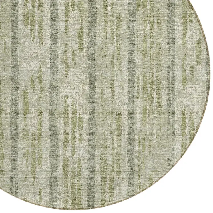 8' Artichoke Green Gray And Ivory Round Striped Washable Indoor Outdoor Area Rug