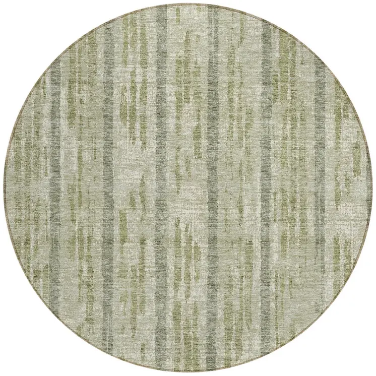 8' Artichoke Green Gray And Ivory Round Striped Washable Indoor Outdoor Area Rug