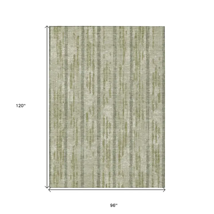 8' X 10' Artichoke Green Gray And Ivory Striped Washable Indoor Outdoor Area Rug