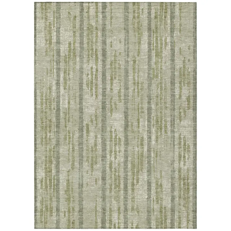 8' X 10' Artichoke Green Gray And Ivory Striped Washable Indoor Outdoor Area Rug