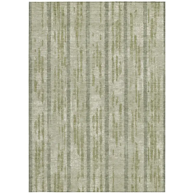 9' X 12' Artichoke Green Gray And Ivory Striped Washable Indoor Outdoor Area Rug