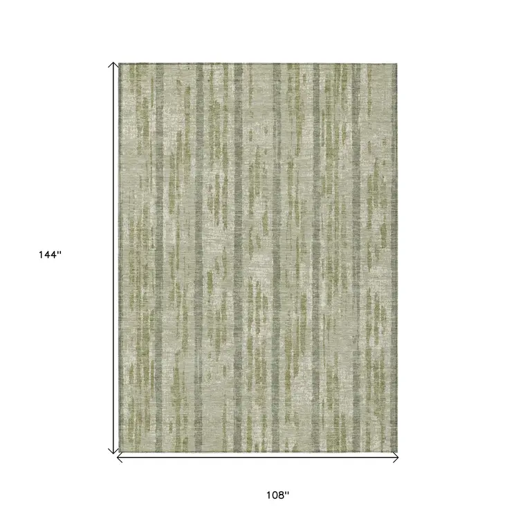 9' X 12' Artichoke Green Gray And Ivory Striped Washable Indoor Outdoor Area Rug