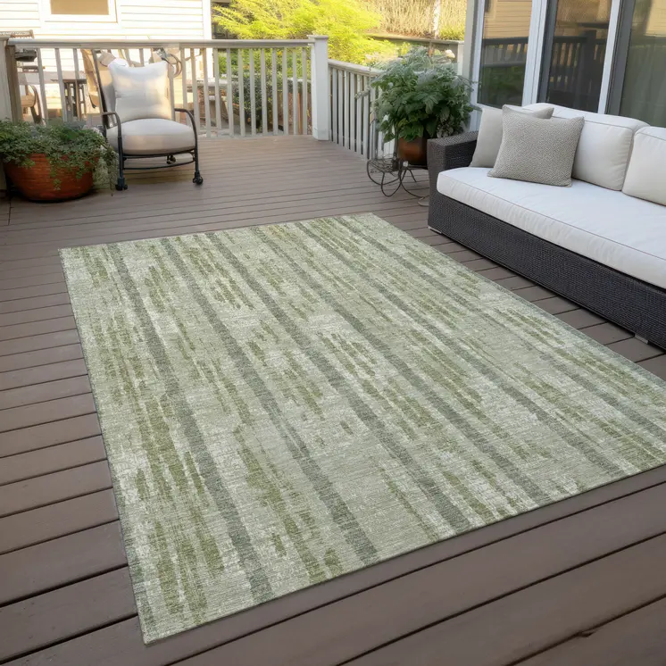 9' X 12' Artichoke Green Gray And Ivory Striped Washable Indoor Outdoor Area Rug