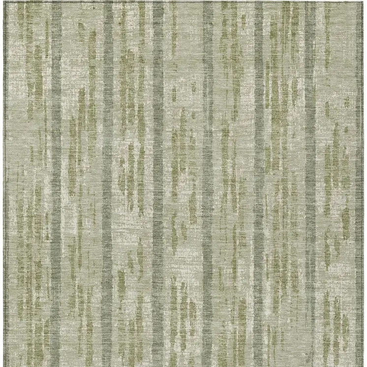 9' X 12' Artichoke Green Gray And Ivory Striped Washable Indoor Outdoor Area Rug