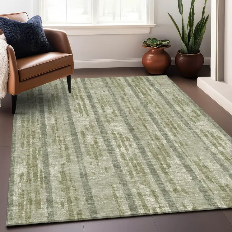 9' X 12' Artichoke Green Gray And Ivory Striped Washable Indoor Outdoor Area Rug