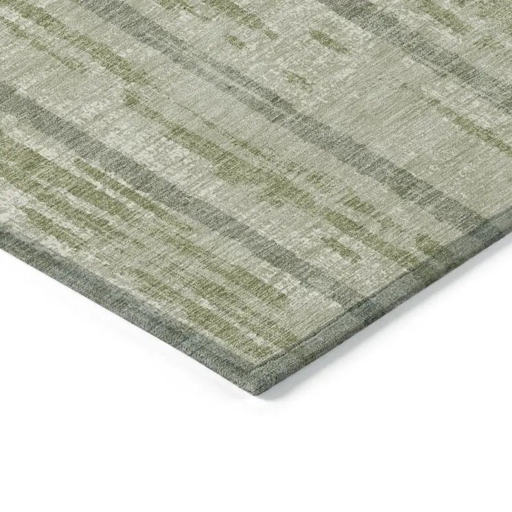 10' X 14' Artichoke Green Gray And Ivory Striped Washable Indoor Outdoor Area Rug