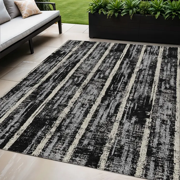 5' X 8' Black Gray And Ivory Striped Washable Indoor Outdoor Area Rug
