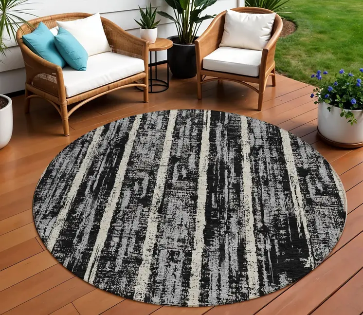 8' Black Gray And Ivory Round Striped Washable Indoor Outdoor Area Rug