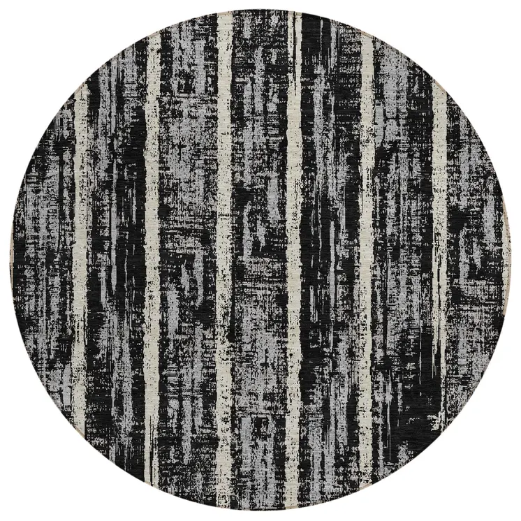 8' Black Gray And Ivory Round Striped Washable Indoor Outdoor Area Rug