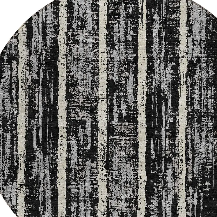 8' Black Gray And Ivory Round Striped Washable Indoor Outdoor Area Rug