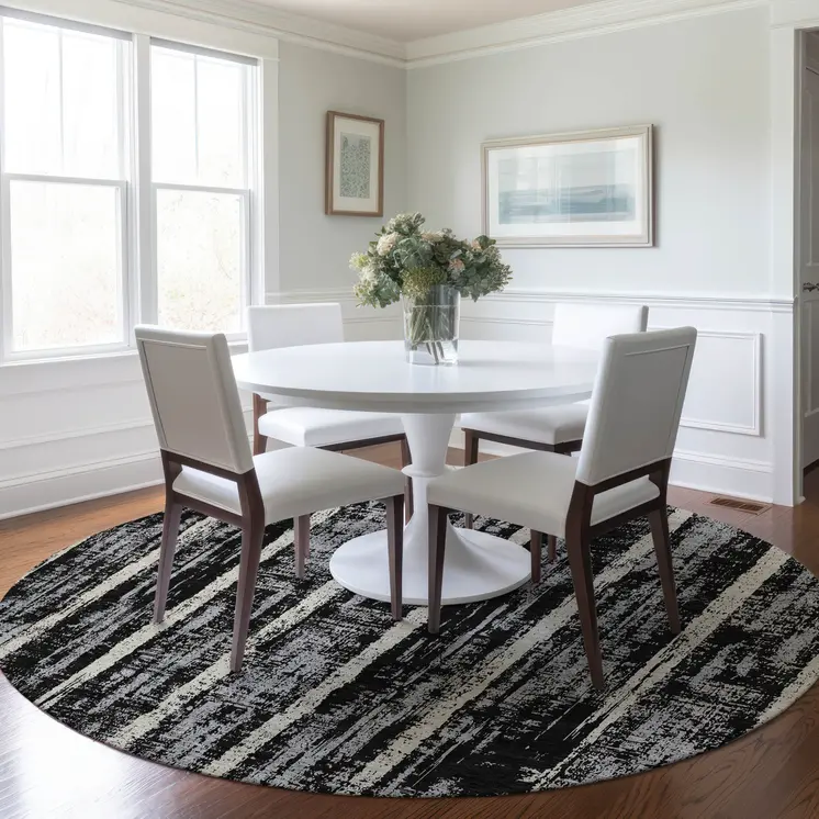 8' Black Gray And Ivory Round Striped Washable Indoor Outdoor Area Rug