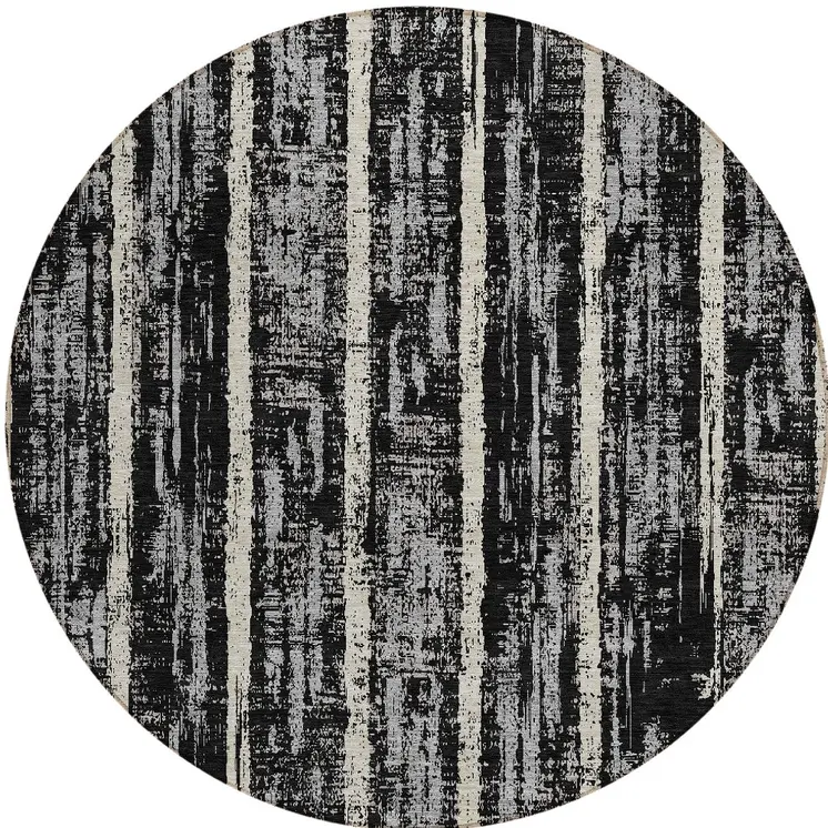 8' Black Gray And Ivory Round Striped Washable Indoor Outdoor Area Rug