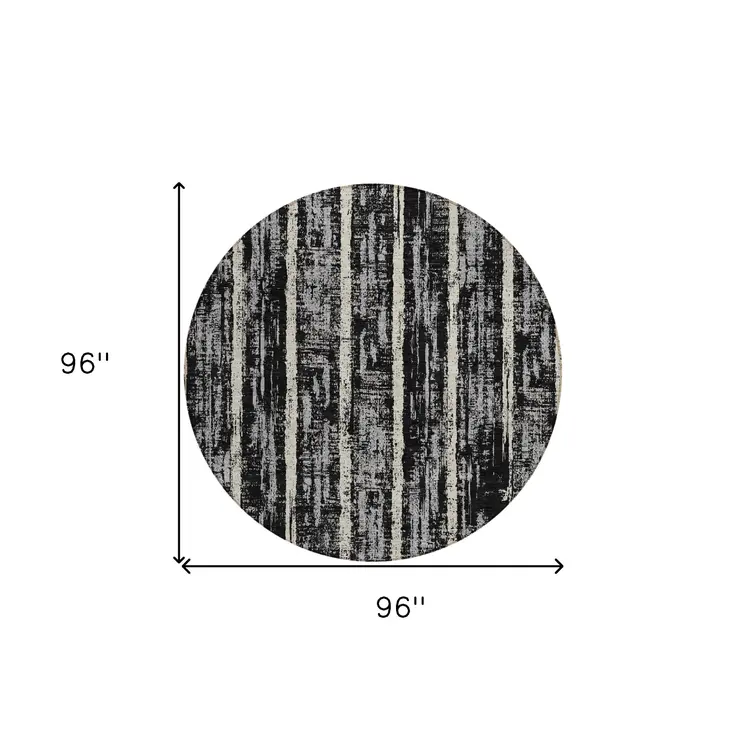 8' Black Gray And Ivory Round Striped Washable Indoor Outdoor Area Rug