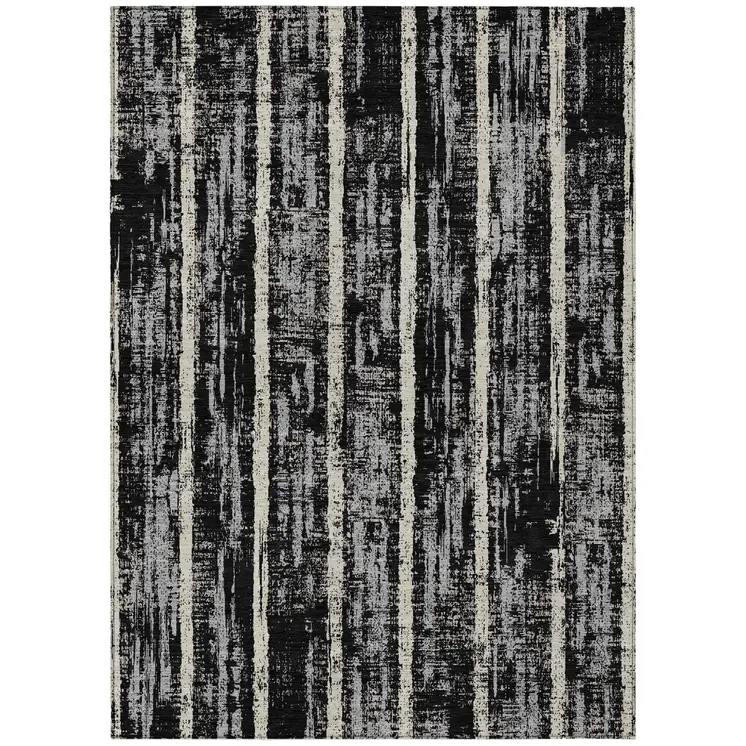 8' X 10' Black Gray And Ivory Striped Washable Indoor Outdoor Area Rug