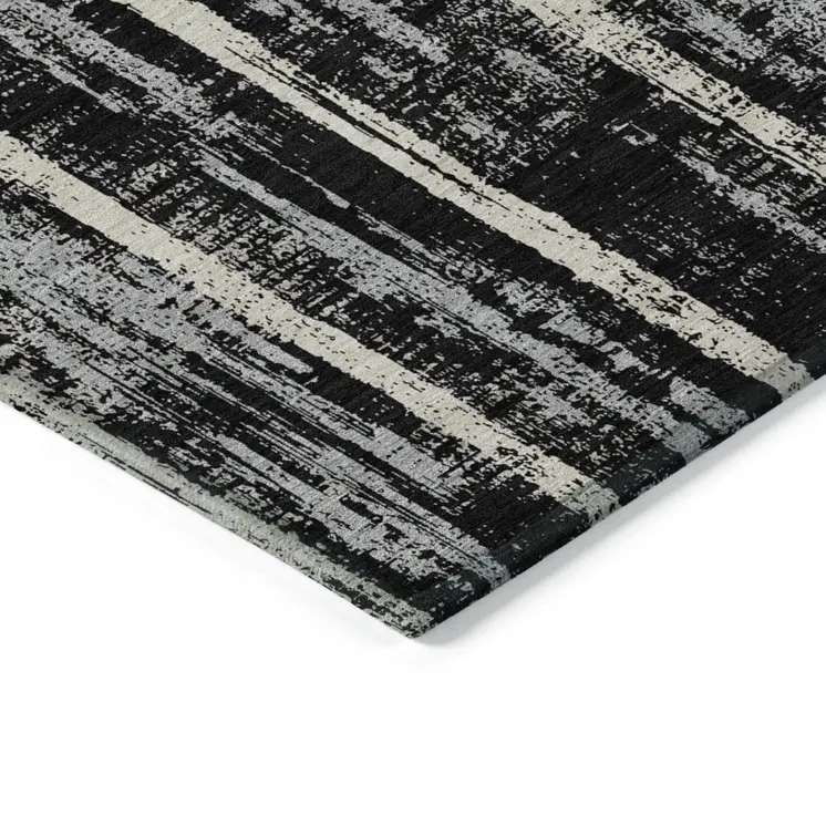 8' X 10' Black Gray And Ivory Striped Washable Indoor Outdoor Area Rug