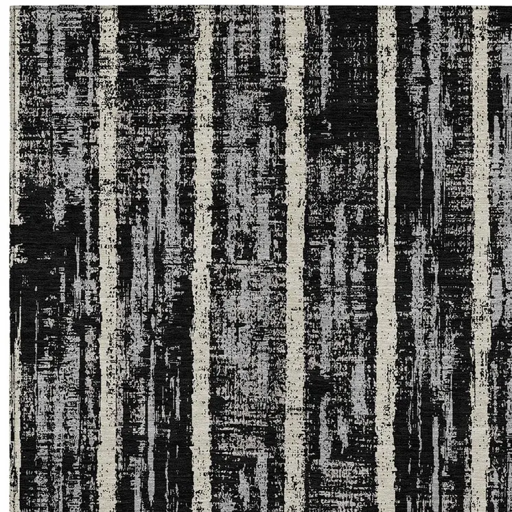 8' X 10' Black Gray And Ivory Striped Washable Indoor Outdoor Area Rug