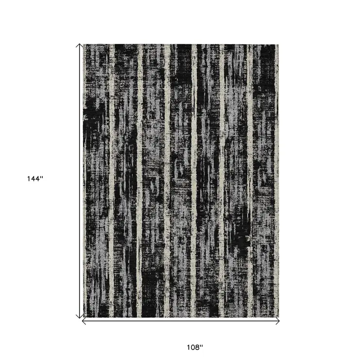 9' X 12' Black Gray And Ivory Striped Washable Indoor Outdoor Area Rug