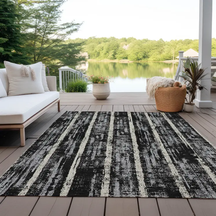 10' X 14' Black Gray And Ivory Striped Washable Indoor Outdoor Area Rug