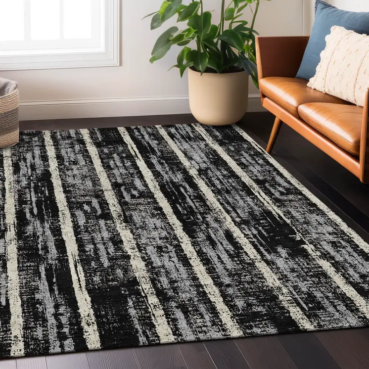 10' X 14' Black Gray And Ivory Striped Washable Indoor Outdoor Area Rug