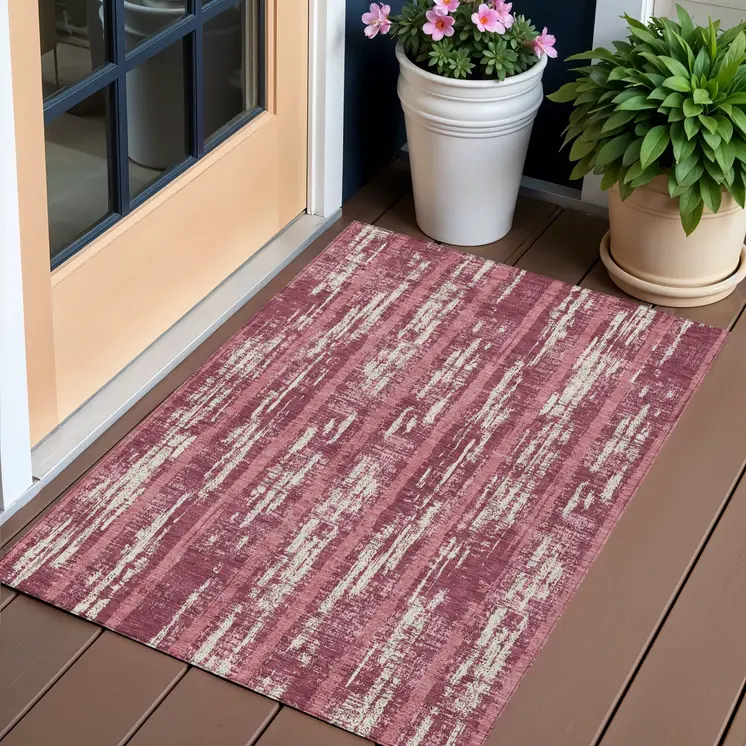 3' X 5' Blush And Ivory Striped Washable Indoor Outdoor Area Rug
