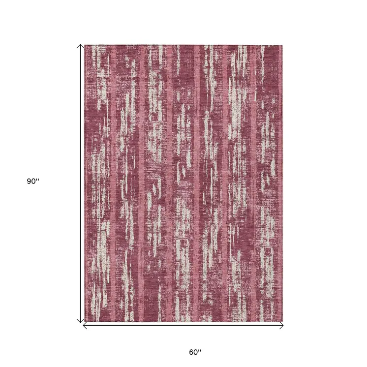 5' X 8' Blush And Ivory Striped Washable Indoor Outdoor Area Rug