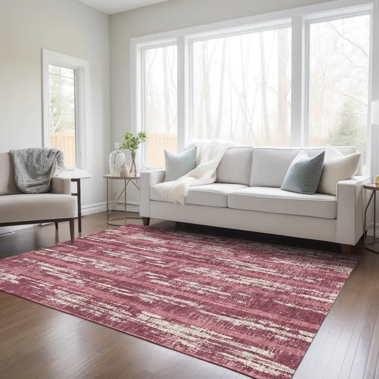 5' X 8' Blush And Ivory Striped Washable Indoor Outdoor Area Rug