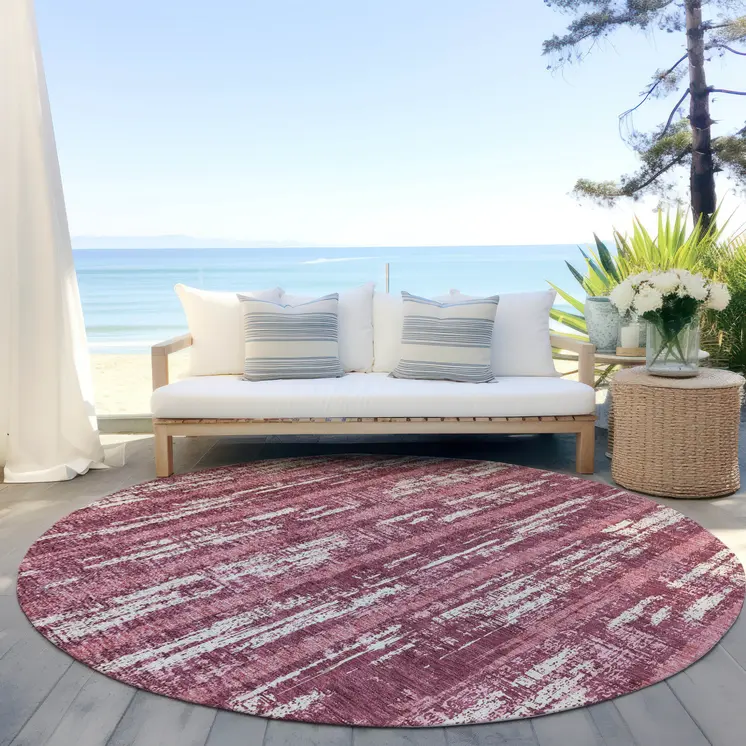 8' Blush And Ivory Round Striped Washable Indoor Outdoor Area Rug