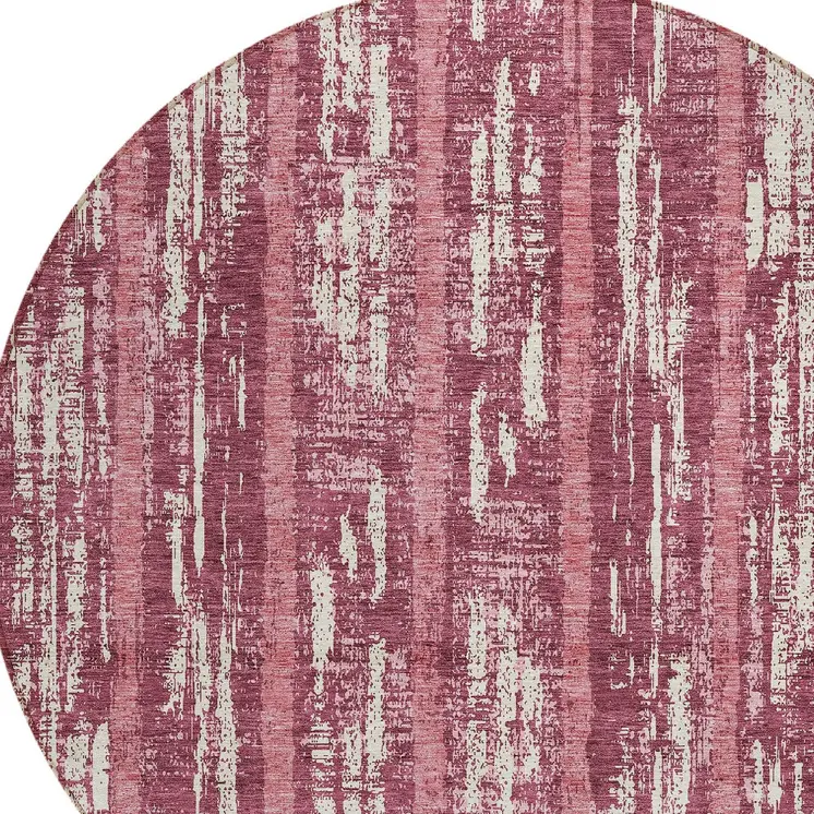 8' Blush And Ivory Round Striped Washable Indoor Outdoor Area Rug