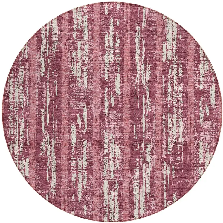 8' Blush And Ivory Round Striped Washable Indoor Outdoor Area Rug