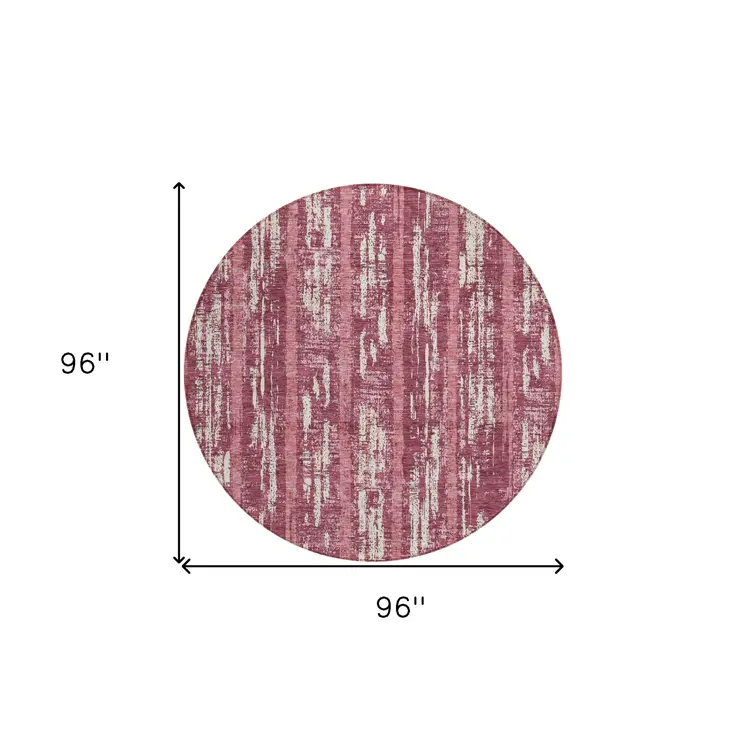 8' Blush And Ivory Round Striped Washable Indoor Outdoor Area Rug