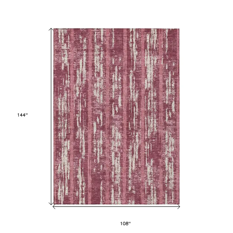 9' X 12' Blush And Ivory Striped Washable Indoor Outdoor Area Rug