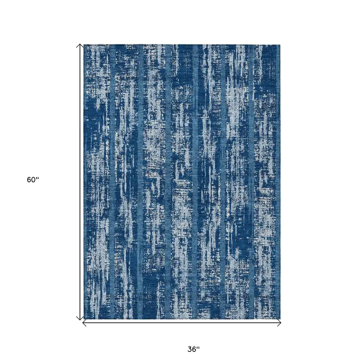 3' X 5' Blue And Ivory Striped Washable Indoor Outdoor Area Rug